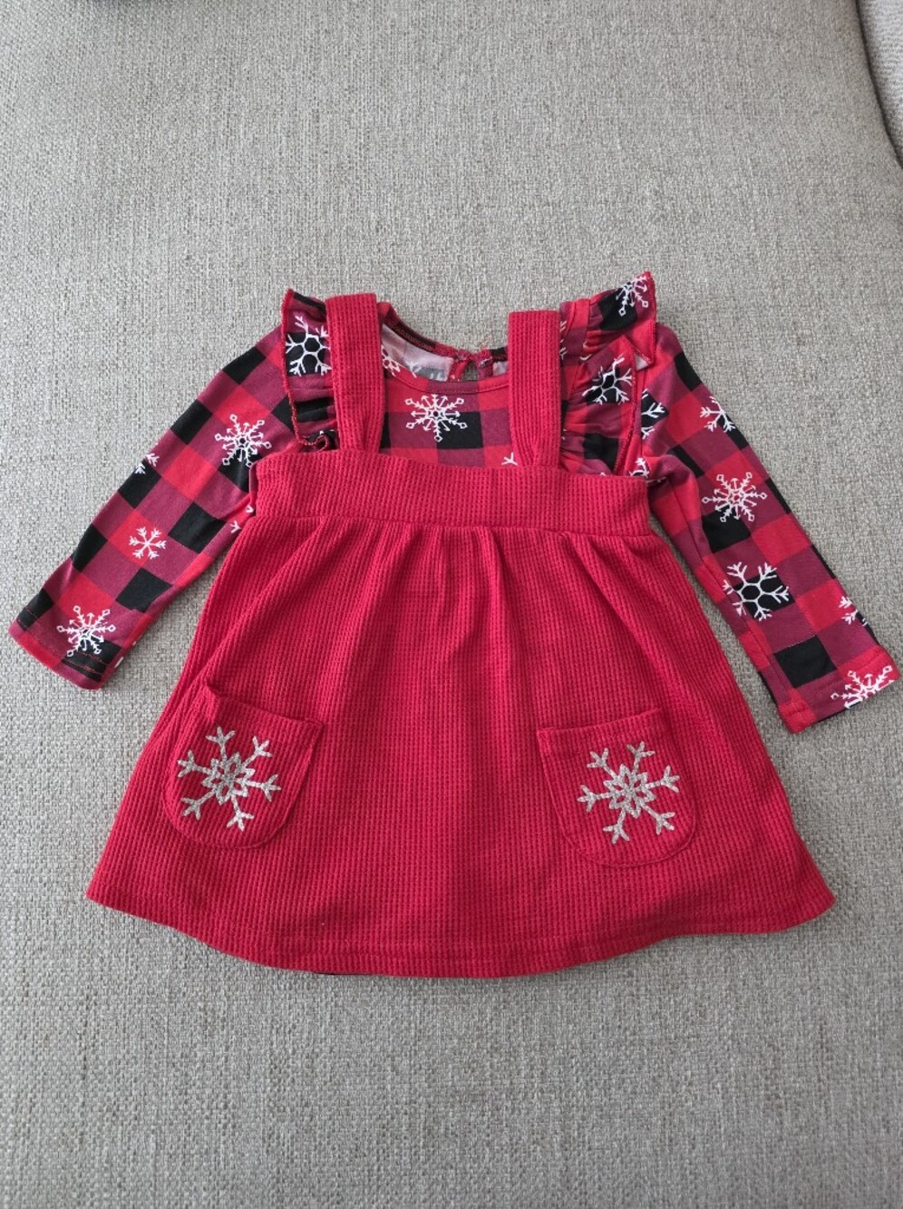 Red Snowflake Pinafore Dress & Plaid Top Set for Kids